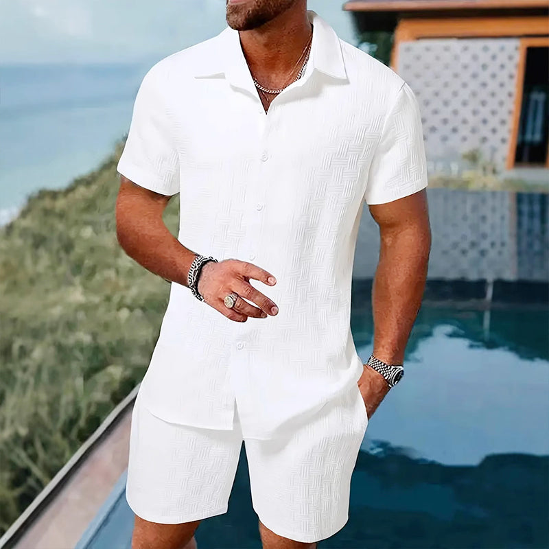 Men's Casual Jacquard Shirt and Shorts Set
