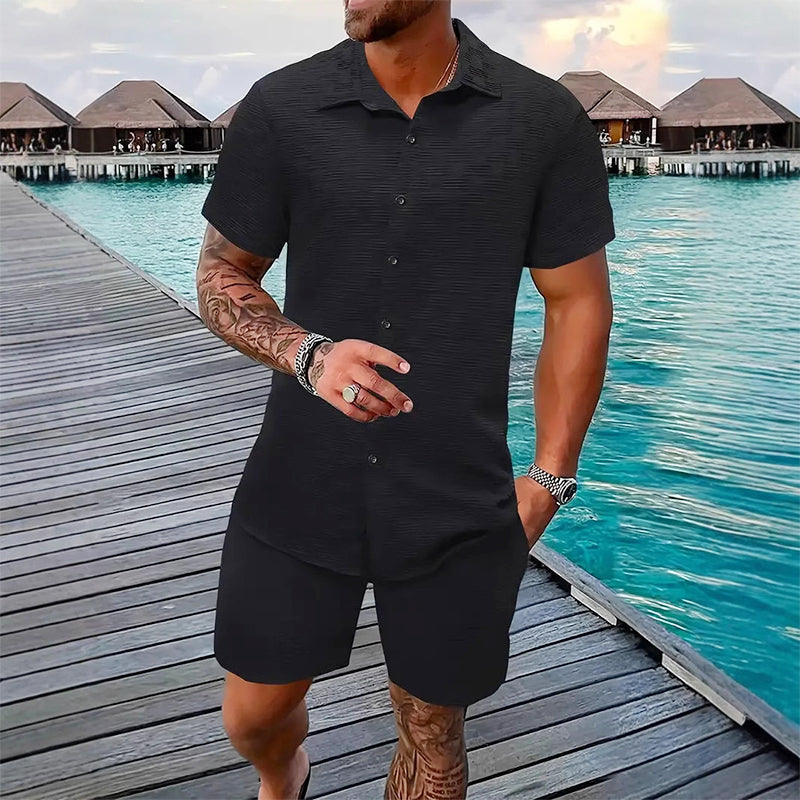 Men's Casual Jacquard Shirt and Shorts Set