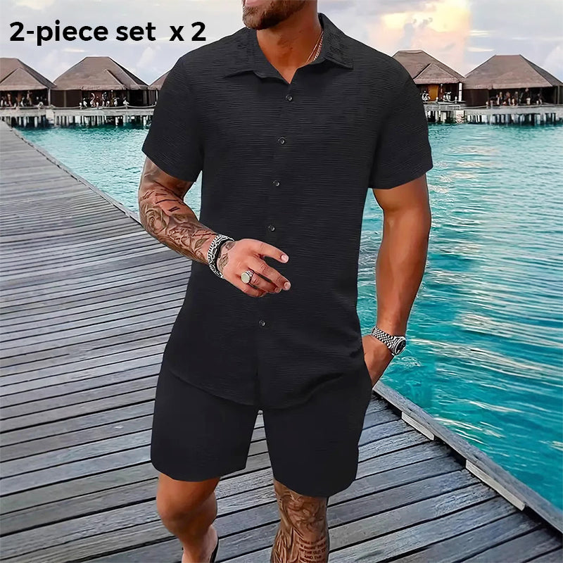 Men's Casual Jacquard Shirt and Shorts Set