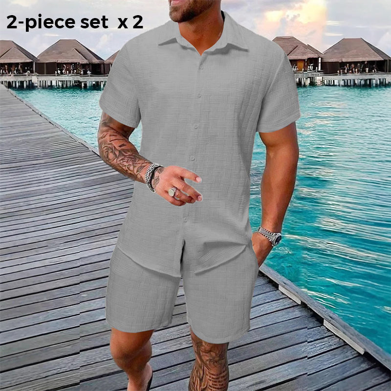 Men's Casual Jacquard Shirt and Shorts Set
