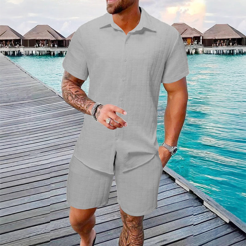 Men's Casual Jacquard Shirt and Shorts Set