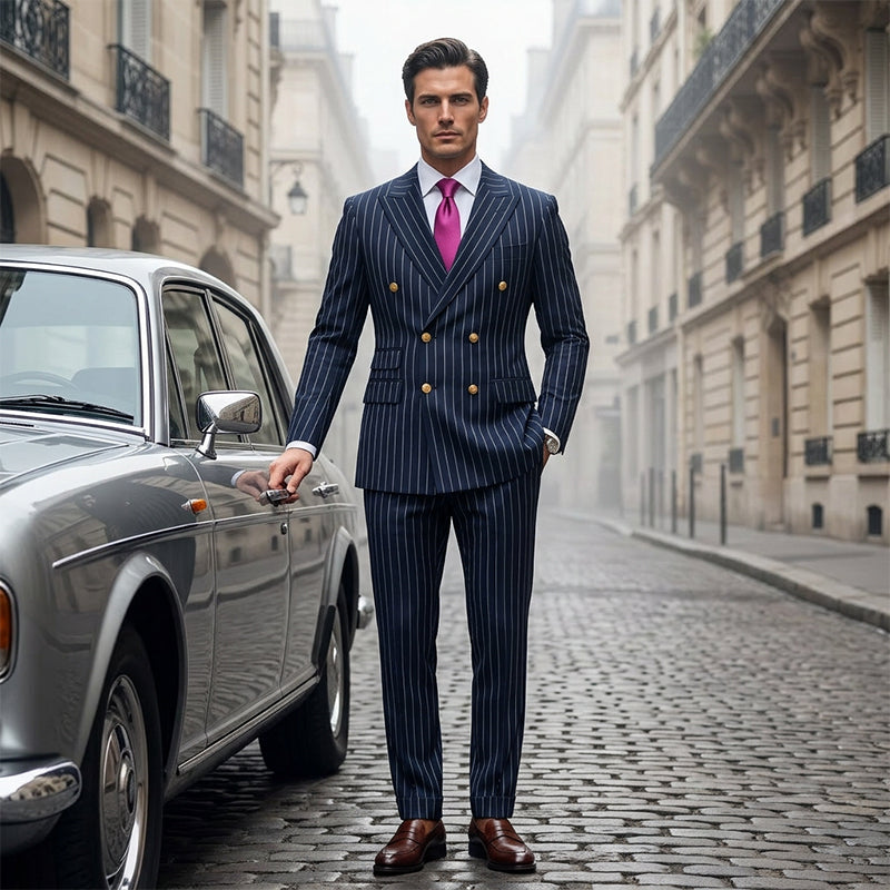 🔥Hot Sale Offers-Men's Double-Breasted Pinstripe Suit Set