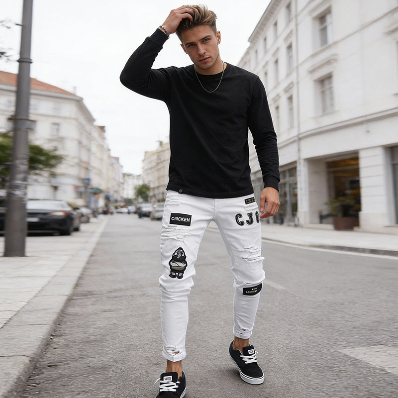 🔥 50% OFF NOW! 👖 Men's Ripped Skinny Jeans – Edgy Patchwork & Durable Denim 🎨👟