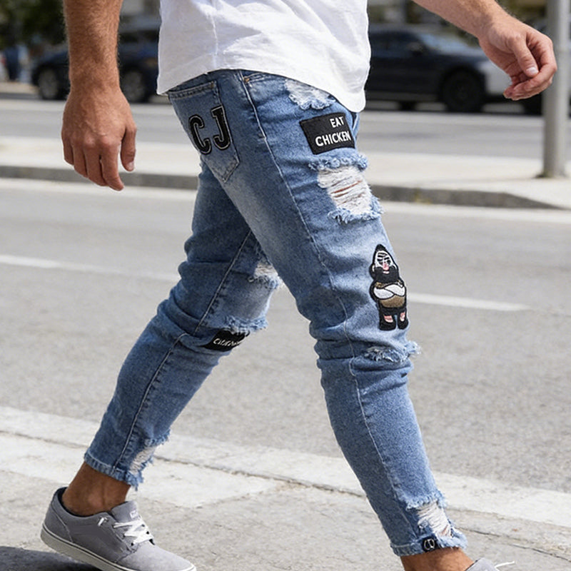 🔥 50% OFF NOW! 👖 Men's Ripped Skinny Jeans – Edgy Patchwork & Durable Denim 🎨👟