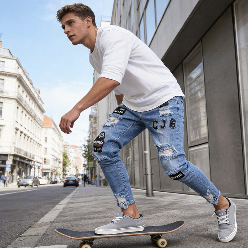 🔥 50% OFF NOW! 👖 Men's Ripped Skinny Jeans – Edgy Patchwork & Durable Denim 🎨👟
