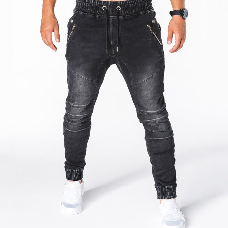 Men's Slim-Fit Denim Joggers with Zipper Pockets