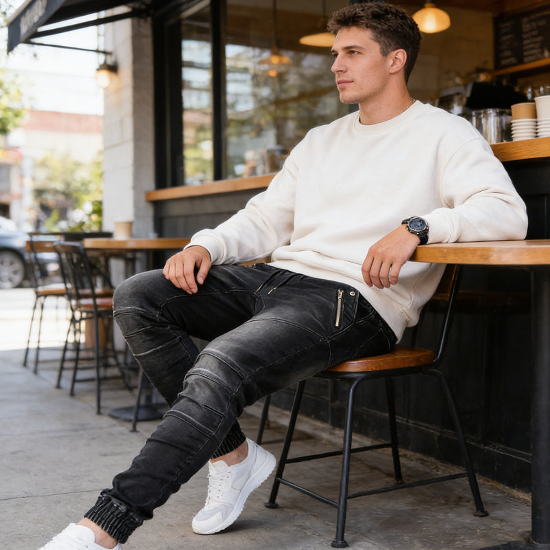 Men's Slim-Fit Denim Joggers with Zipper Pockets