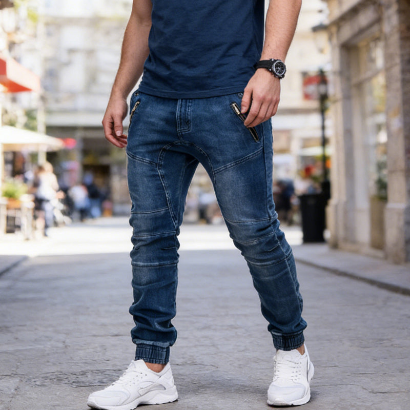 Men's Slim-Fit Denim Joggers with Zipper Pockets