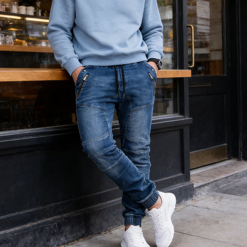 Men's Slim-Fit Denim Joggers with Zipper Pockets