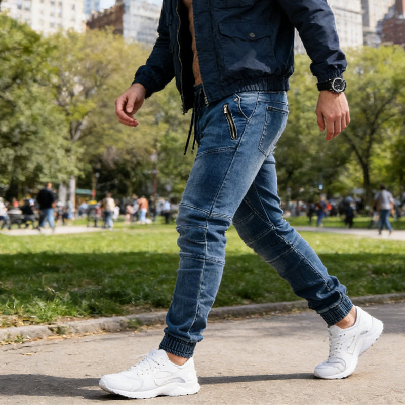Men's Slim-Fit Denim Joggers with Zipper Pockets