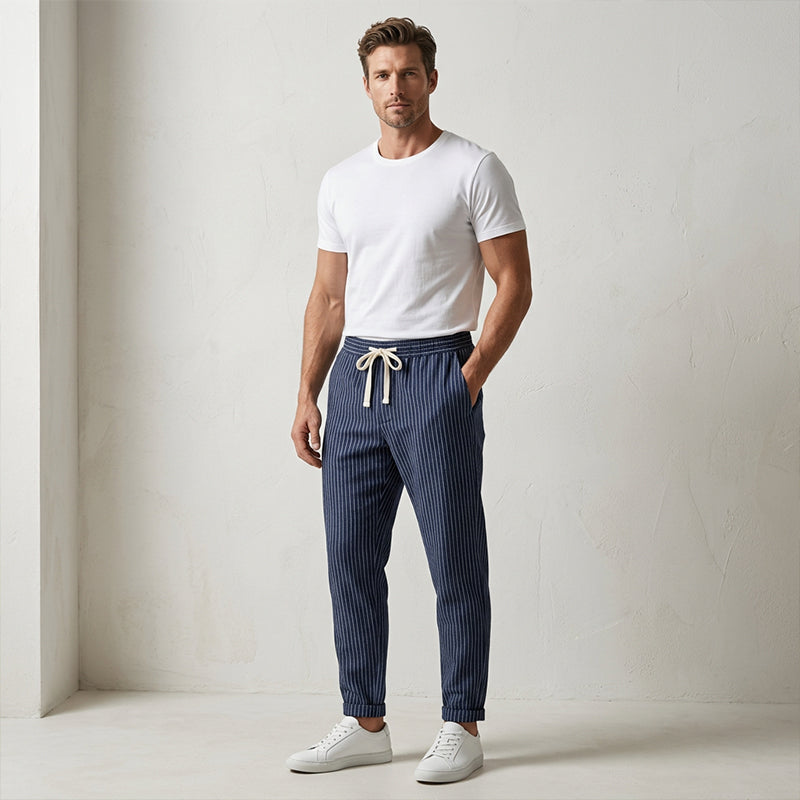 👖 50% OFF NOW! 🌿 Men's Linen Pants – Striped & Cropped – Elastic Waist & Drawstring – Breathable Summer Trousers 🏖️