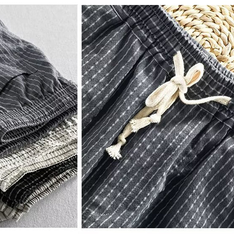 👖 50% OFF NOW! 🌿 Men's Linen Pants – Striped & Cropped – Elastic Waist & Drawstring – Breathable Summer Trousers 🏖️