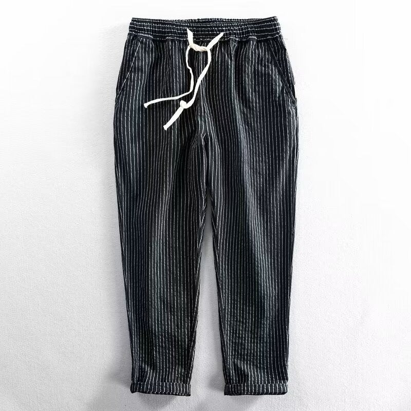 👖 50% OFF NOW! 🌿 Men's Linen Pants – Striped & Cropped – Elastic Waist & Drawstring – Breathable Summer Trousers 🏖️
