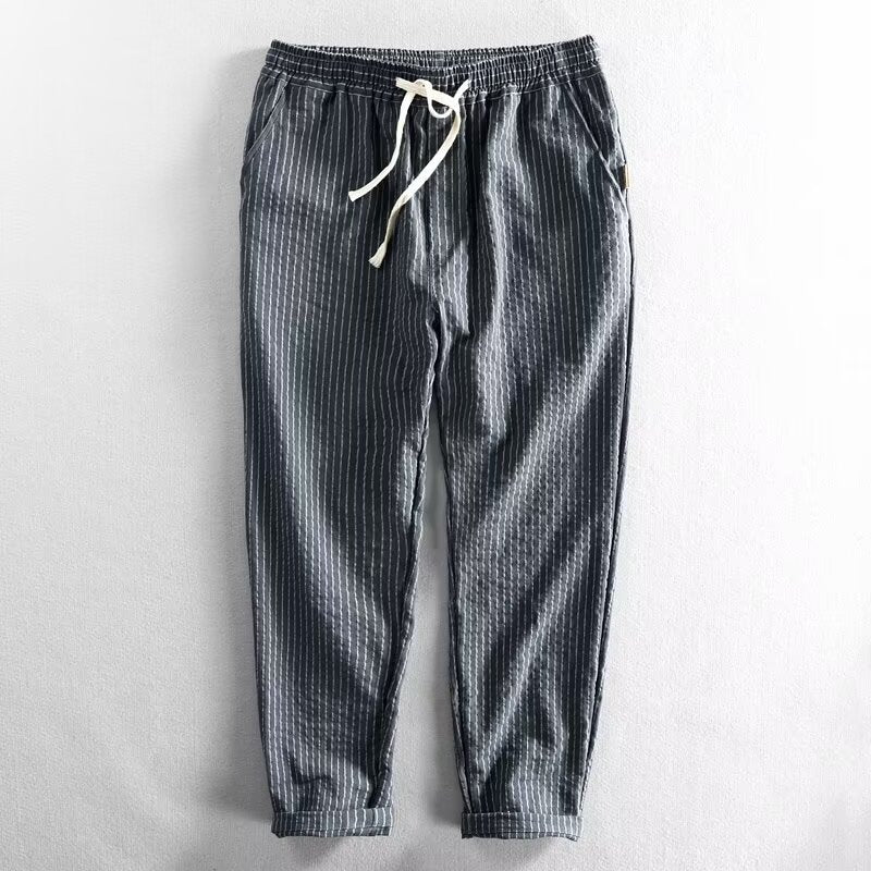 👖 50% OFF NOW! 🌿 Men's Linen Pants – Striped & Cropped – Elastic Waist & Drawstring – Breathable Summer Trousers 🏖️