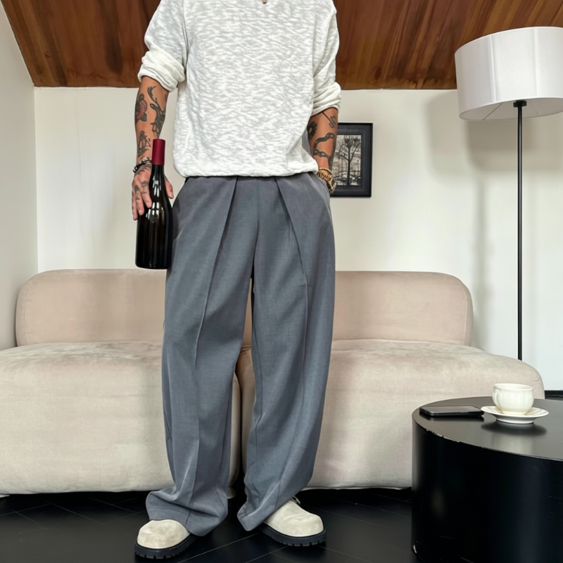 Men's Pleated Wide-Leg Trousers with Elastic Waist