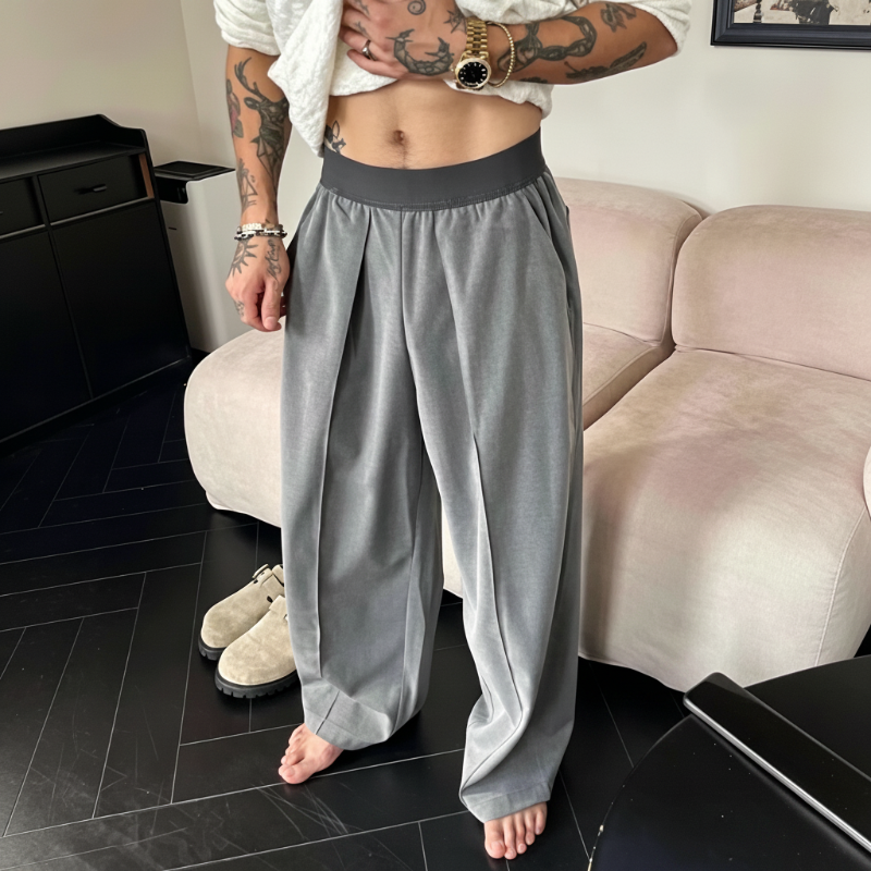Men's Pleated Wide-Leg Trousers with Elastic Waist