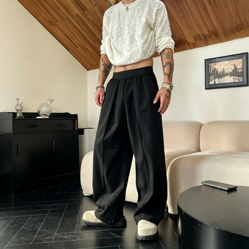 Men's Pleated Wide-Leg Trousers with Elastic Waist