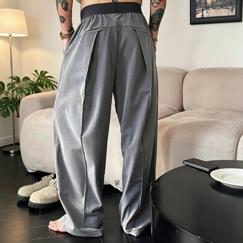 Men's Pleated Wide-Leg Trousers with Elastic Waist