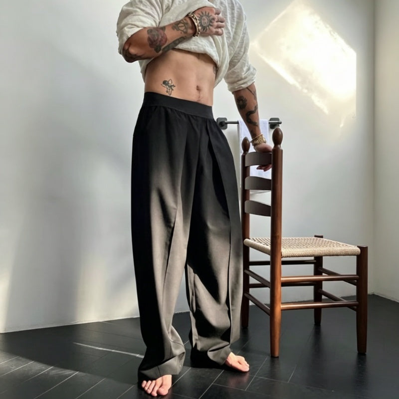 Men's Pleated Wide-Leg Trousers with Elastic Waist