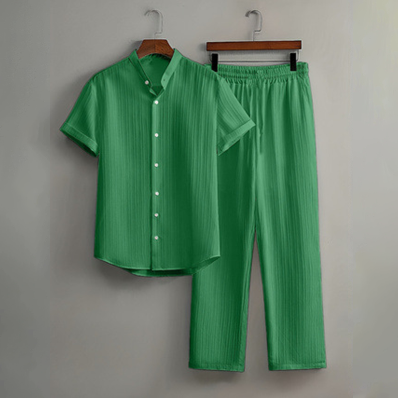 👔 LIMITED-TIME 50% OFF! ✨ Men's Textured 2-Piece Shirt & Pants Set – Breathable, Stand Collar, Elastic Waist 🌿