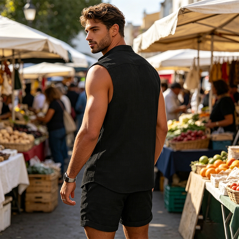 👕 LIMITED-TIME 50% OFF! 🌴 Men's Sleeveless Button-Down Top & Shorts Set – Textured Pattern, Lightweight, Vacation Ready ✨