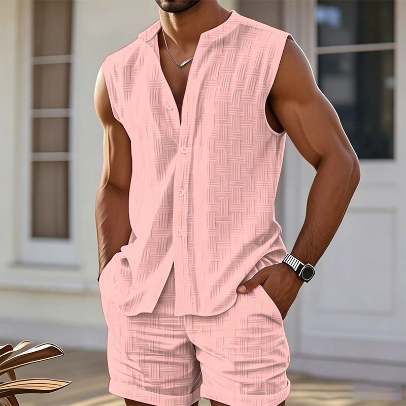 👕 LIMITED-TIME 50% OFF! 🌴 Men's Sleeveless Button-Down Top & Shorts Set – Textured Pattern, Lightweight, Vacation Ready ✨