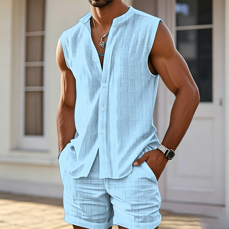 👕 LIMITED-TIME 50% OFF! 🌴 Men's Sleeveless Button-Down Top & Shorts Set – Textured Pattern, Lightweight, Vacation Ready ✨