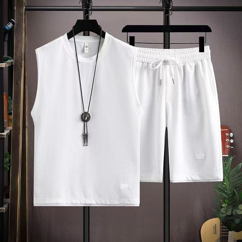 ✨ Men’s Minimalist Tank & Shorts Set – Waffle Knit, Drawstring Waist, Coordinated 🌿