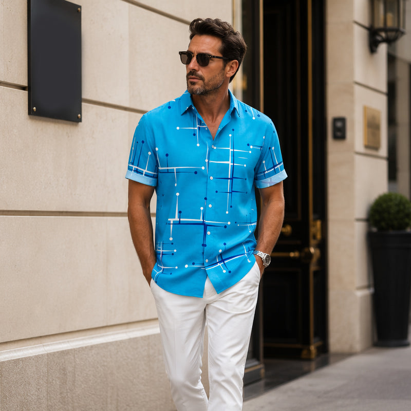 👔 📐Men’s Geometric Print Relaxed‑Fit Button‑Down Shirt