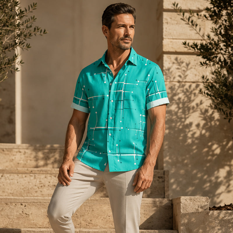 👔 📐Men’s Geometric Print Relaxed‑Fit Button‑Down Shirt