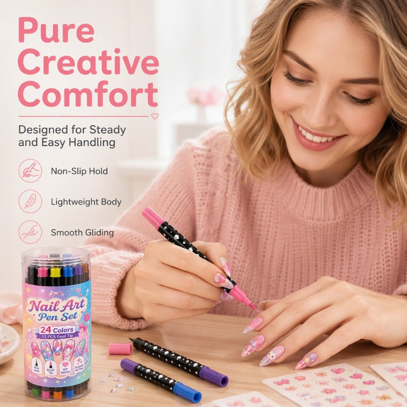 🎁🔥Last day sale 50% OFF!💞10K+ SOLD!🎨✨24 Colors Dual-Ended Nail Art Pens — Fine & Brush Tips, Smooth Ink Flow! Salon-Quality Nails at Home 💅