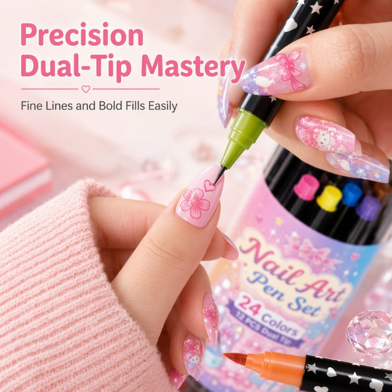 🎁🔥Last day sale 50% OFF!💞10K+ SOLD!🎨✨24 Colors Dual-Ended Nail Art Pens — Fine & Brush Tips, Smooth Ink Flow! Salon-Quality Nails at Home 💅