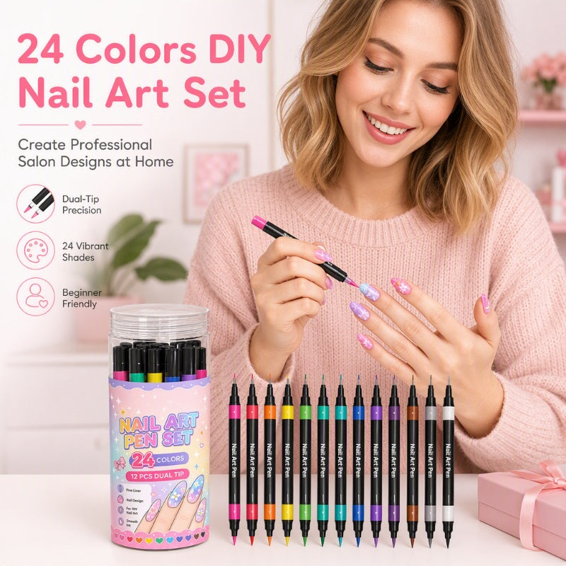 🎁🔥Last day sale 50% OFF!💞10K+ SOLD!🎨✨24 Colors Dual-Ended Nail Art Pens — Fine & Brush Tips, Smooth Ink Flow! Salon-Quality Nails at Home 💅