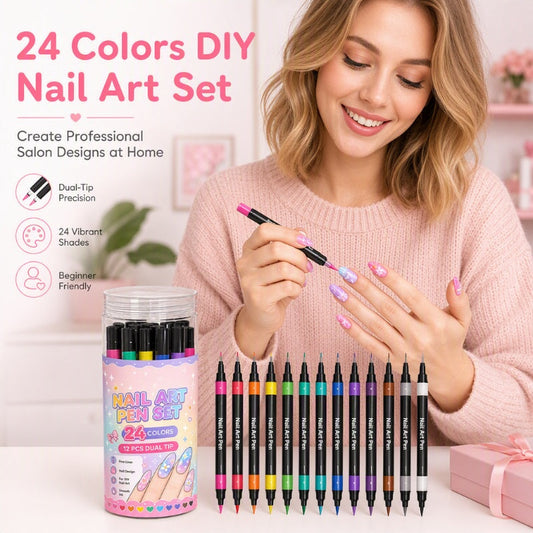 🎁🔥Last day sale 50% OFF!💞10K+ SOLD!🎨✨24 Colors Dual-Ended Nail Art Pens — Fine & Brush Tips, Smooth Ink Flow! Salon-Quality Nails at Home 💅
