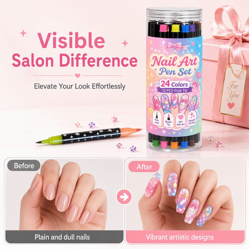 🎁🔥Last day sale 50% OFF!💞10K+ SOLD!🎨✨24 Colors Dual-Ended Nail Art Pens — Fine & Brush Tips, Smooth Ink Flow! Salon-Quality Nails at Home 💅