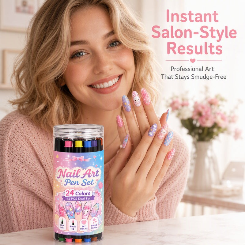 🎁🔥Last day sale 50% OFF!💞10K+ SOLD!🎨✨24 Colors Dual-Ended Nail Art Pens — Fine & Brush Tips, Smooth Ink Flow! Salon-Quality Nails at Home 💅
