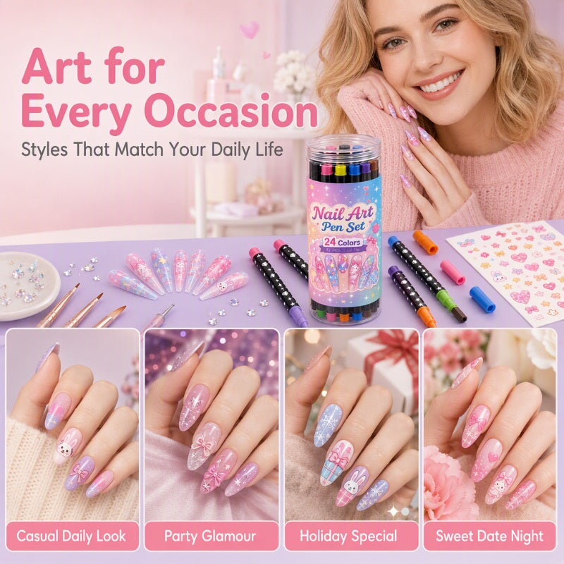 🎁🔥Last day sale 50% OFF!💞10K+ SOLD!🎨✨24 Colors Dual-Ended Nail Art Pens — Fine & Brush Tips, Smooth Ink Flow! Salon-Quality Nails at Home 💅