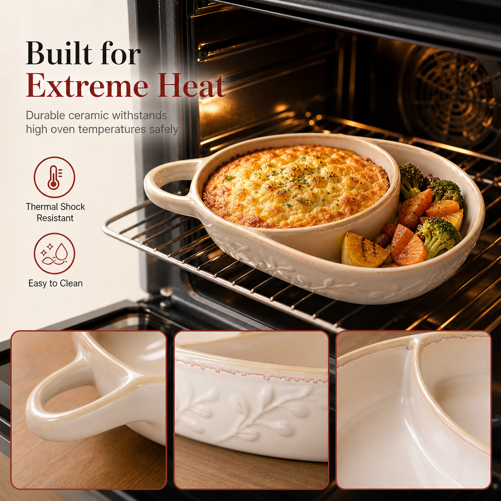 🍲🫳Retro-Embossed Ceramic Divided Baking Dish |Thick Premium Clay, Oven-, Microwave-, and Dishwasher-Safe🧀