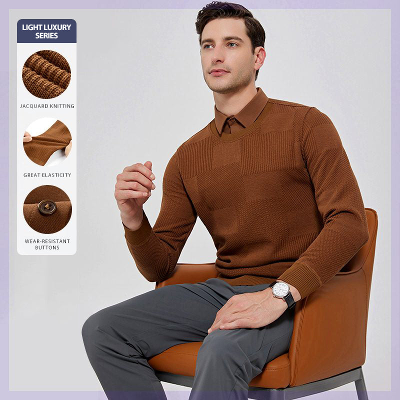 MEN'S MOCK TWO-PIECE KNIT PULLOVER SWEATER