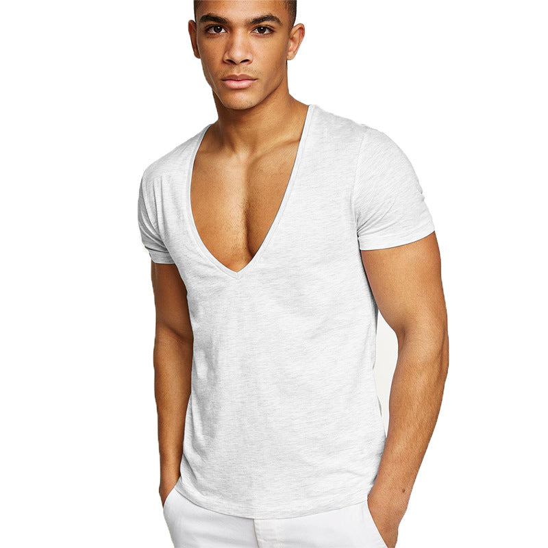 Men's Basic White Deep V-Neck Cotton Short Sleeve T-Shirt