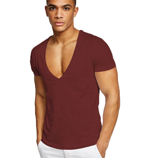 Men's Basic White Deep V-Neck Cotton Short Sleeve T-Shirt