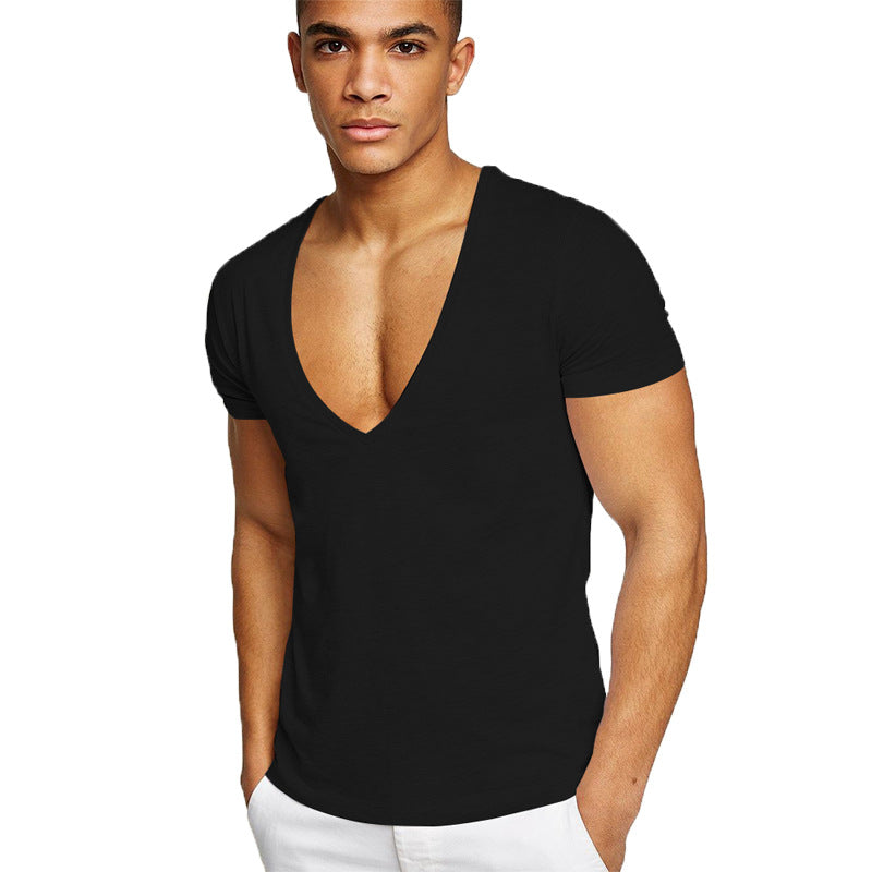 Men's Basic White Deep V-Neck Cotton Short Sleeve T-Shirt