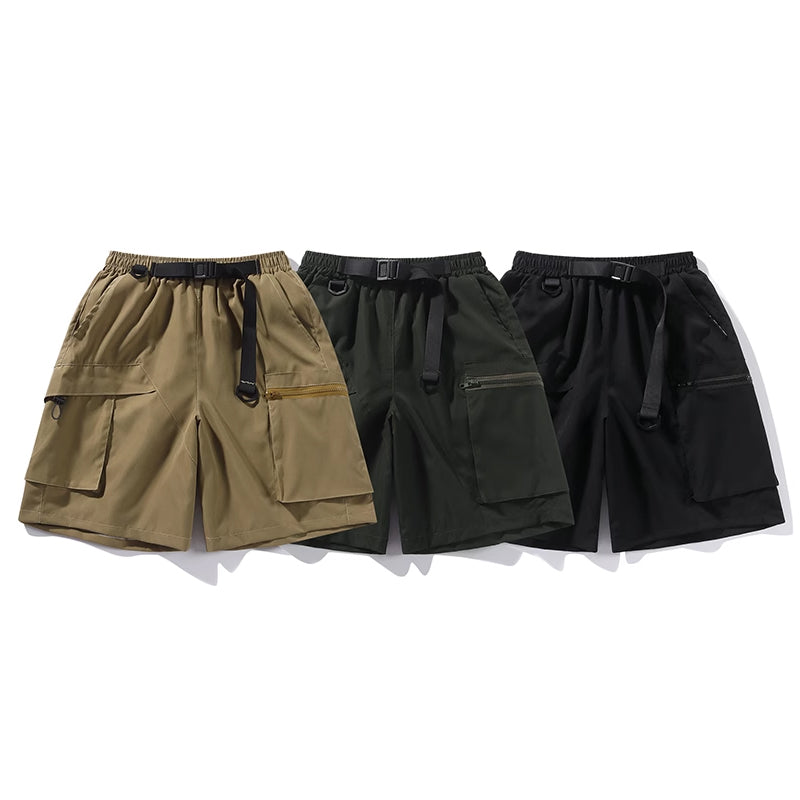 Multi-pocket cargo shorts with buckle belt