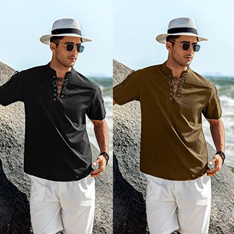 Men's Lace-up Hippie V-neck T-shirt