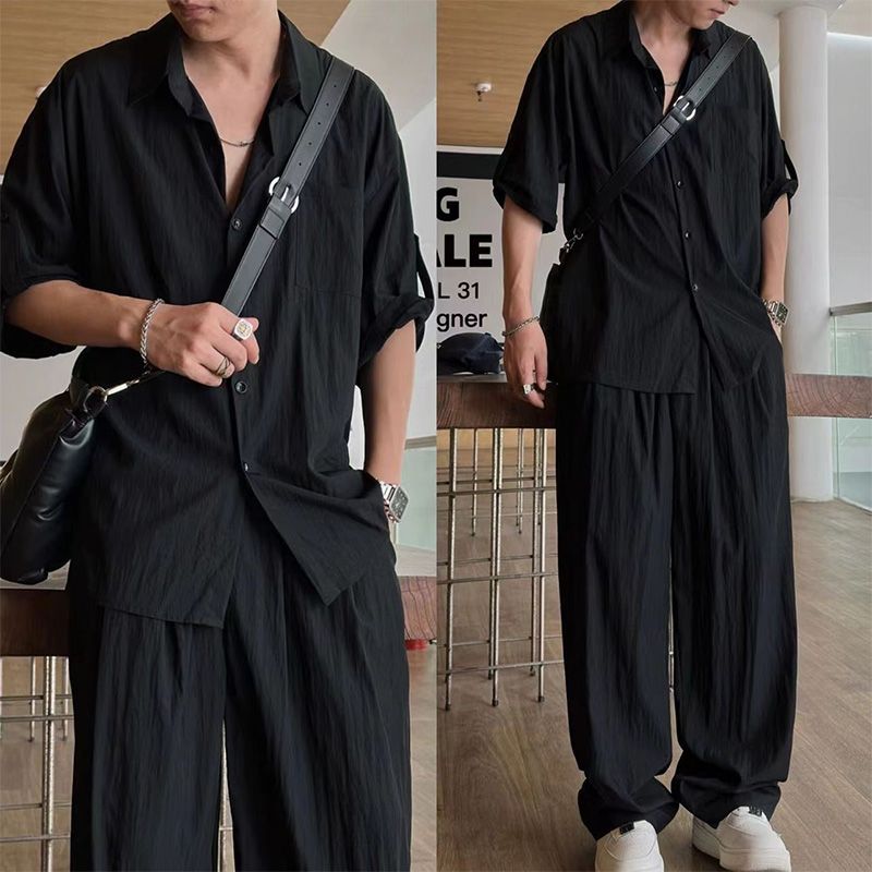 Men’s Button-down Slit Ice Silk Short-sleeve 2-piece Set