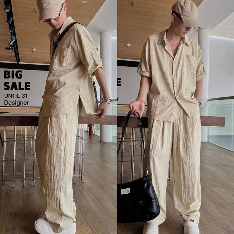 Men’s Button-down Slit Ice Silk Short-sleeve 2-piece Set