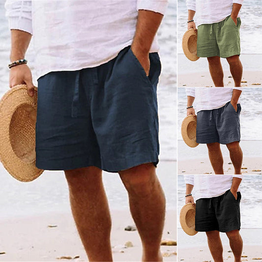 MEN'S COTTON LINEN DRAWSTRING BEACH SHORTS