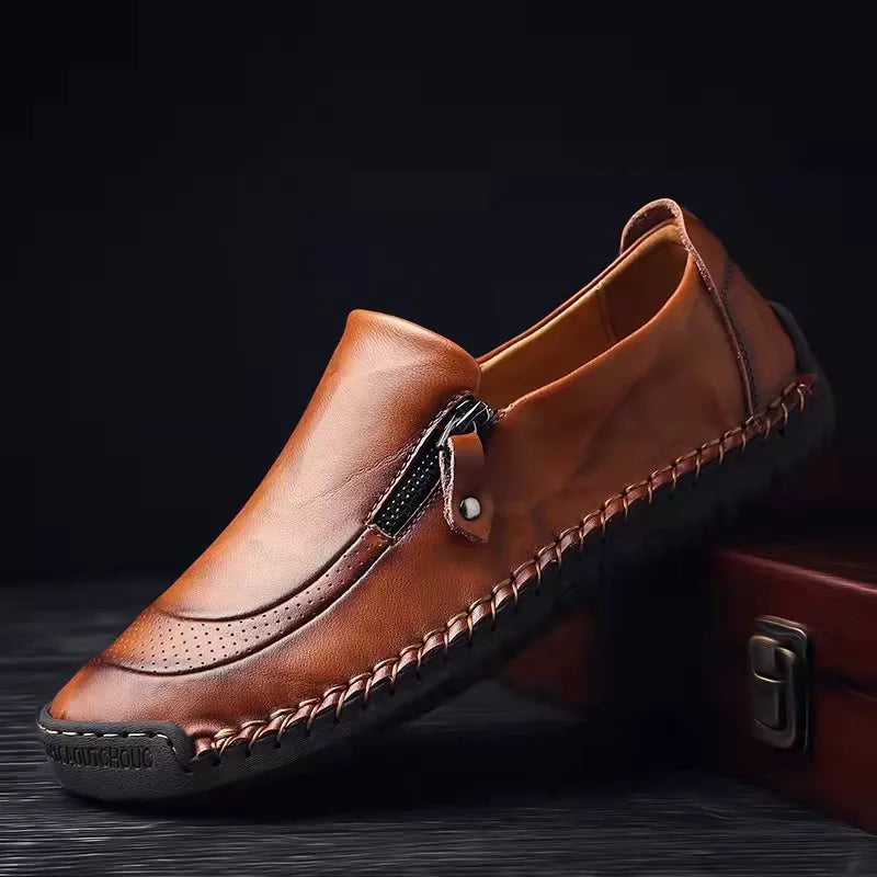 Mens Handmade Side Zipper Casual Comfy Leather Slip On Loafers