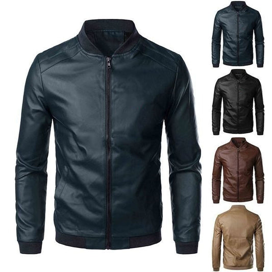 Men's Slim-fit Stand Collar PU Leather Jacket