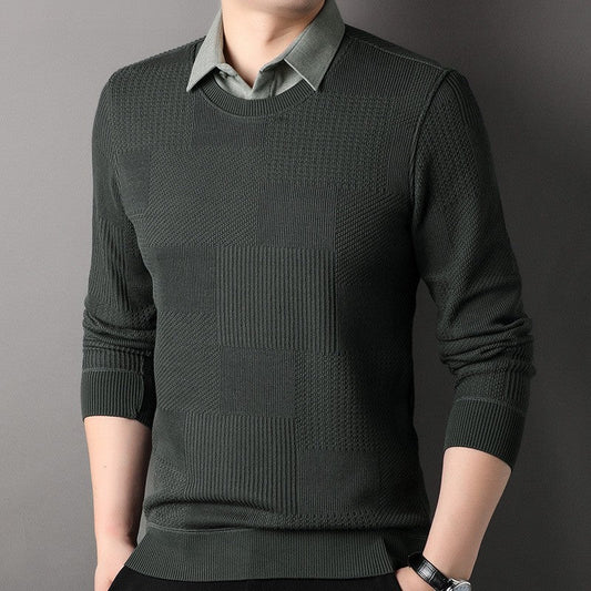 MEN'S MOCK TWO-PIECE KNIT PULLOVER SWEATER